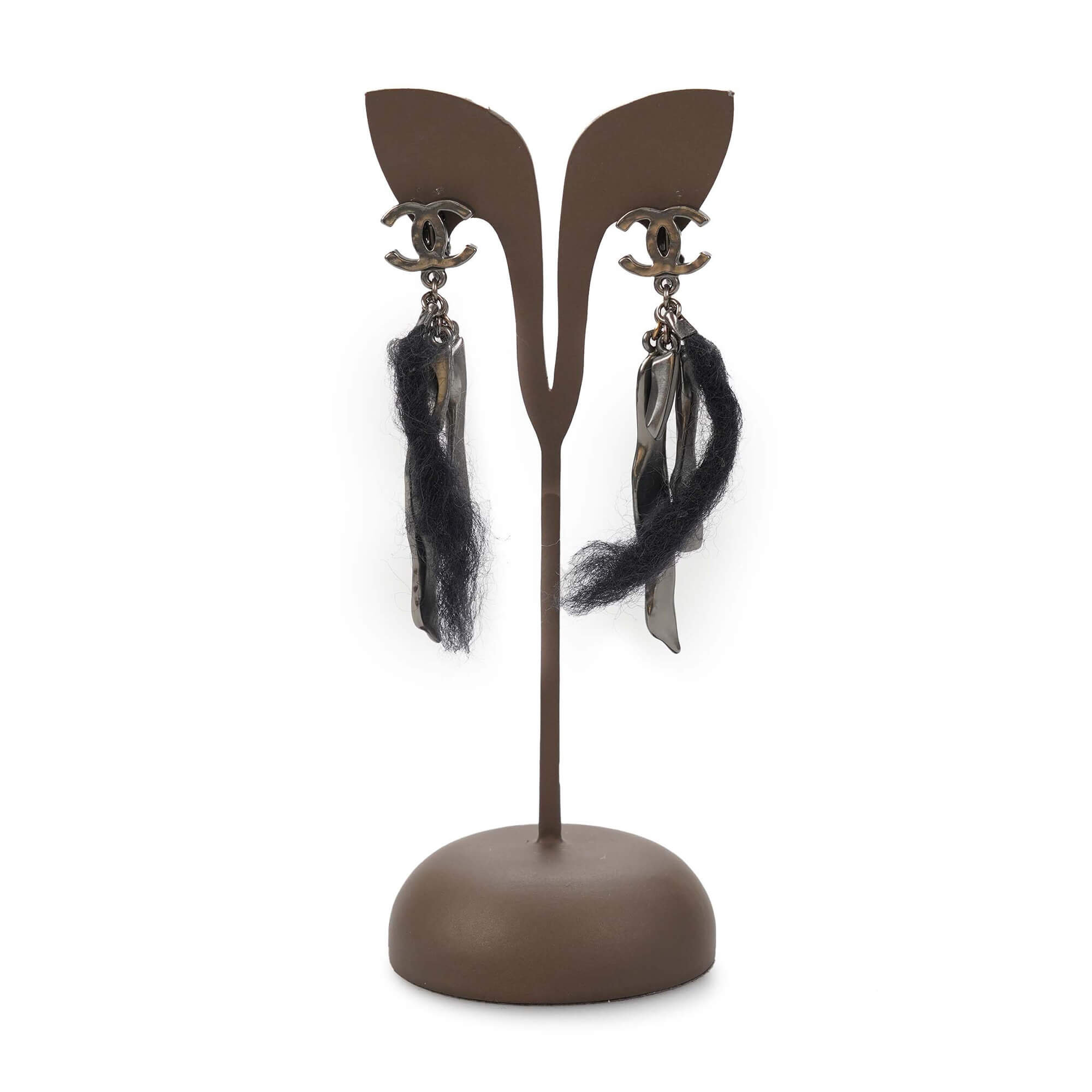 Chanel - Anthracite Feather CC Long Earrings
